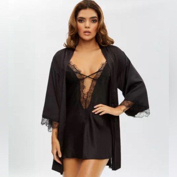 Ann Summers Black Satin Robe Wrap Mini Belted Lace Small Whimsigoth Romantic - Picture 4 of 11
